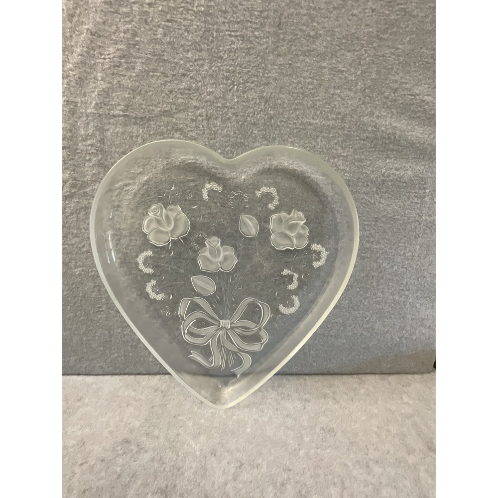 Vintage Clear Glass Heart Shaped Serving Platter Frosted Rose Bow Cottage Core